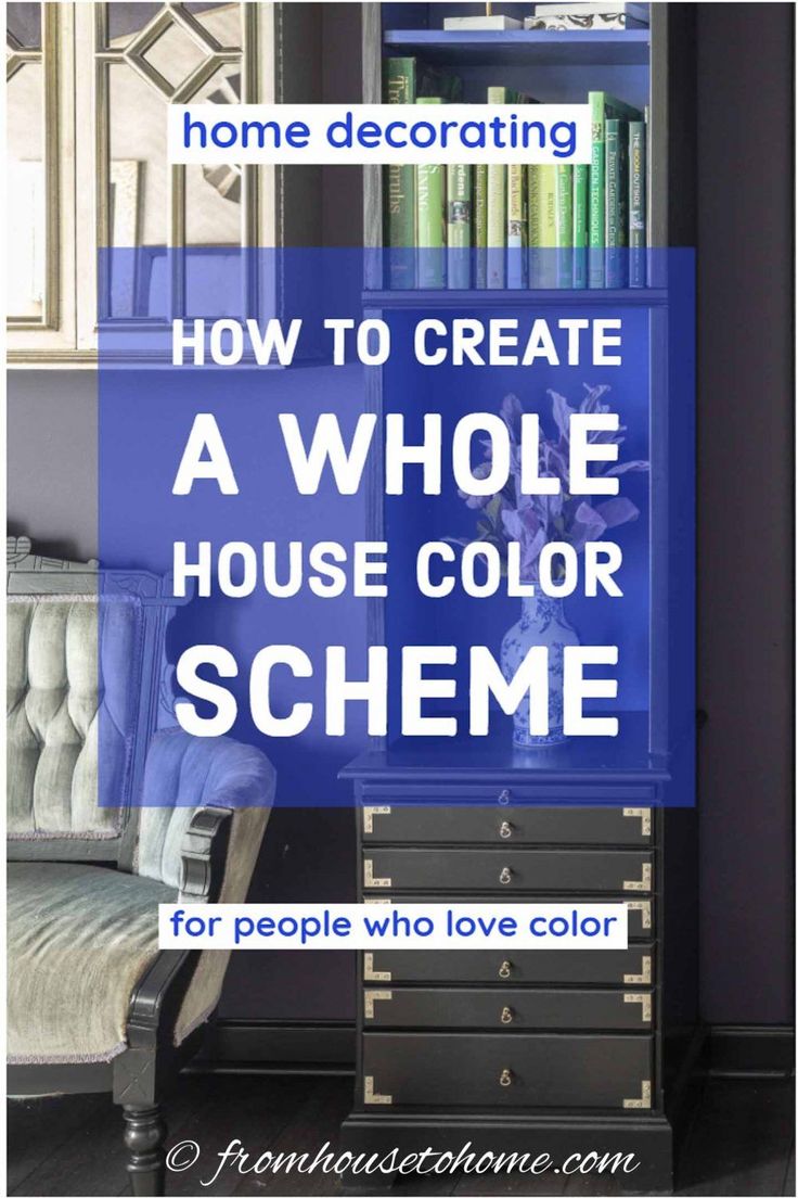 a blue bookcase with the words how to create a whole house color scheme for people who love color