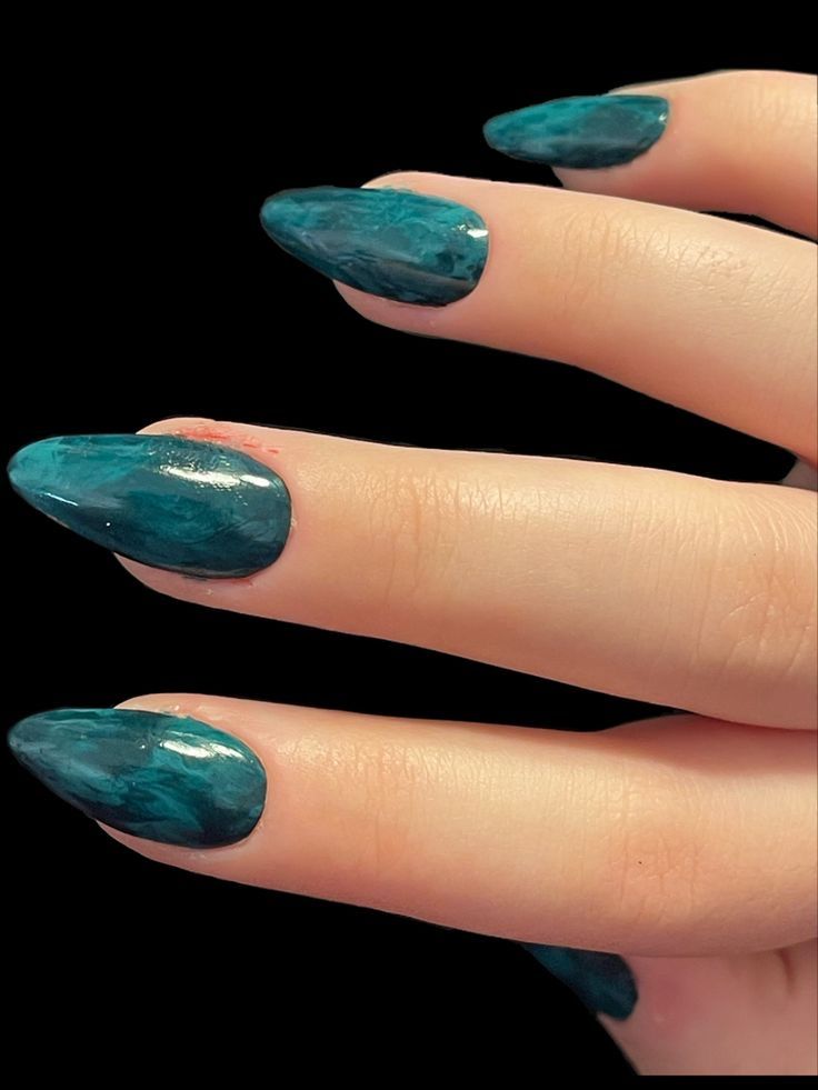 Teal Almond Shaped Nails, Turquoise Nail Designs Short, Nails Teal Green, Blue Green Almond Nails, Turquoise Nails Acrylic Almond, Green Blue Marble Nails, Teal Acrylic Nails Almond, Ocean Green Nails, Green And Blue Almond Nails