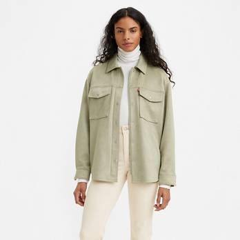 Faux Suede Shirt Jacket - Green | Levi's® US Suede Jacket Outfit, Green Suede Jacket, Shacket Outfit, Sage Green Color, Levis Jacket, Faux Suede Jacket, Green Suede, Suede Jacket, Utility Jacket