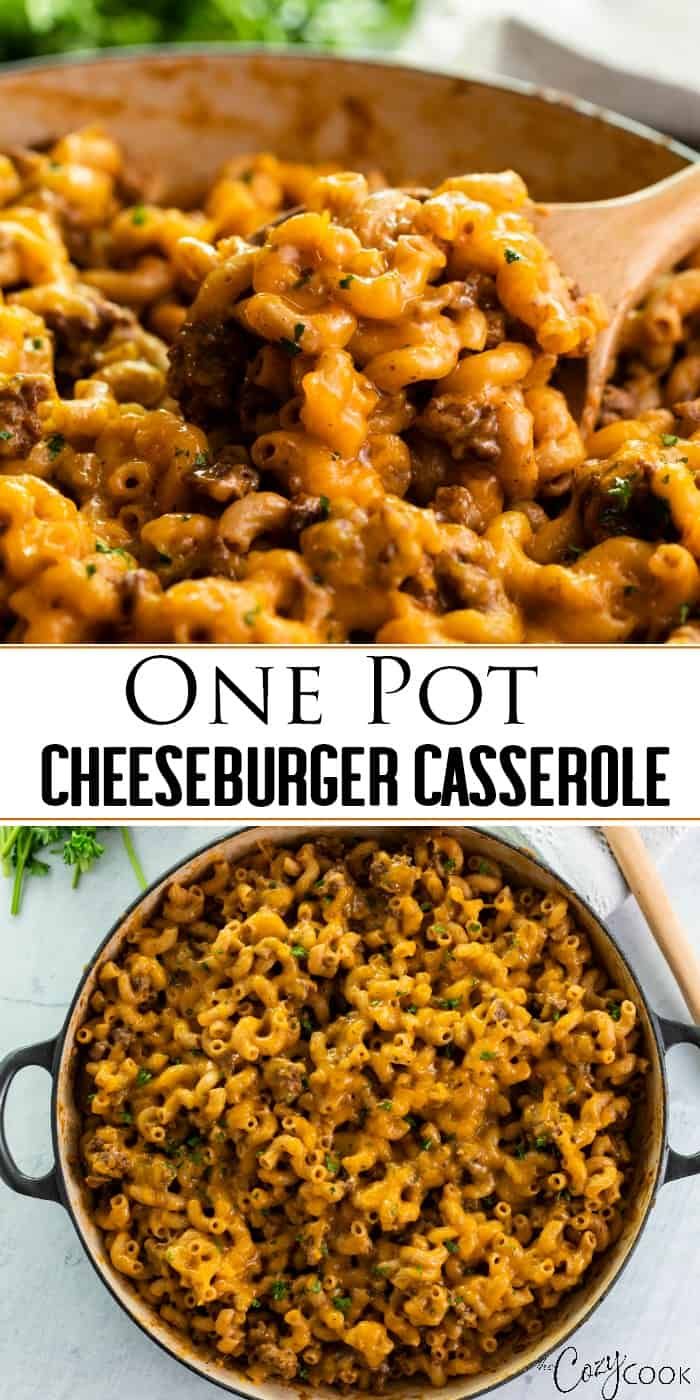 one pot cheeseburger casserole in a skillet and the other side is full