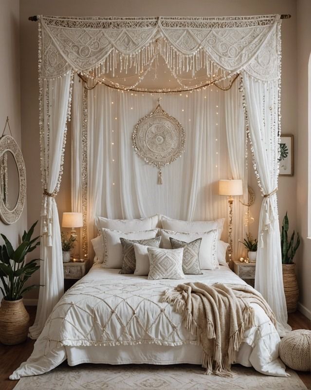 a white bed sitting under a canopy in a bedroom