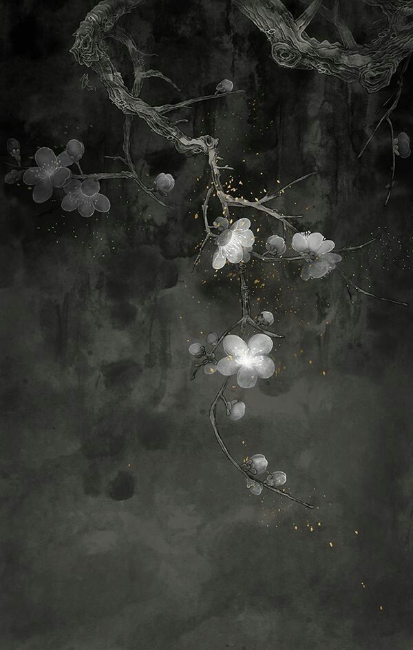 an artistic painting with white flowers and branches in the dark water, on a black background