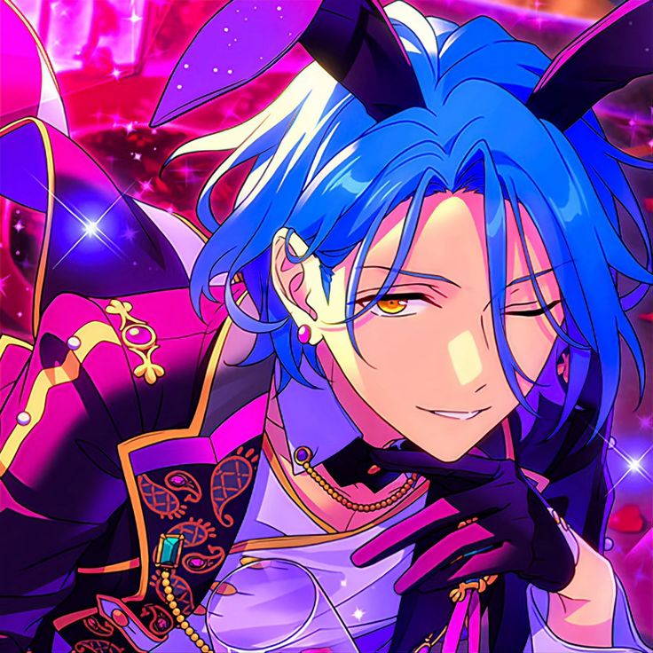 an anime character with blue hair and black gloves holding a wine glass in his hand