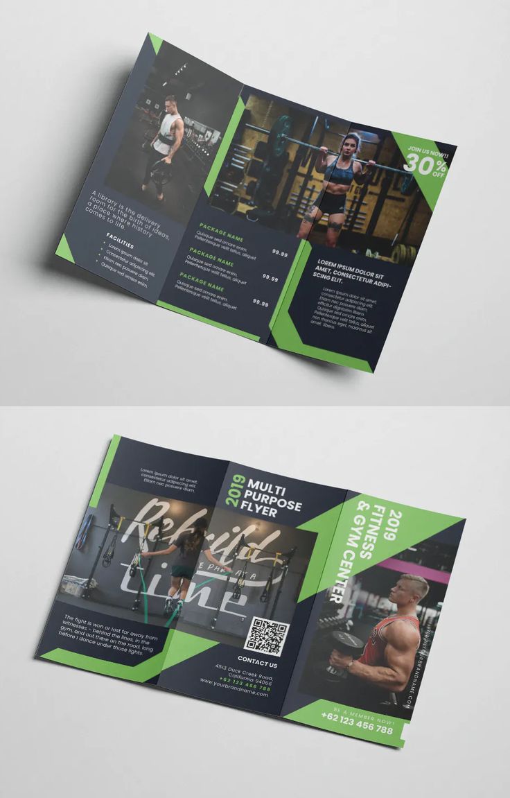 two fold up brochure with an image of a man in the gym on it