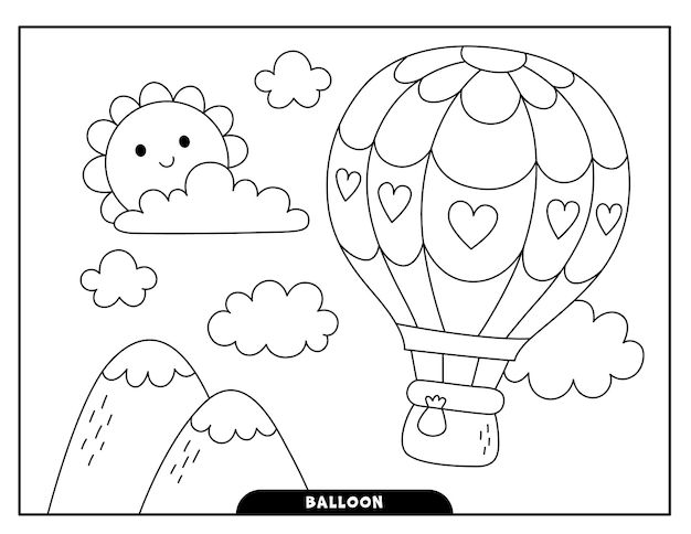 a hot air balloon with clouds and hearts in the sky, coloring page for children