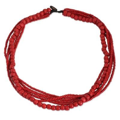 Fair Trade Long Wood Beaded Necklace in Bright Red - Cabana Dance | NOVICA Paw Print Jewelry, Ribbon Jewelry, Wood Bead Necklace, Small Beads, Printed Jewelry, Wood Necklace, Handcrafted Wood, Women Artisans, A Wood