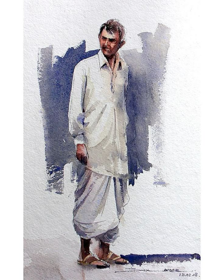 a watercolor painting of a man standing in front of a blue and white wall