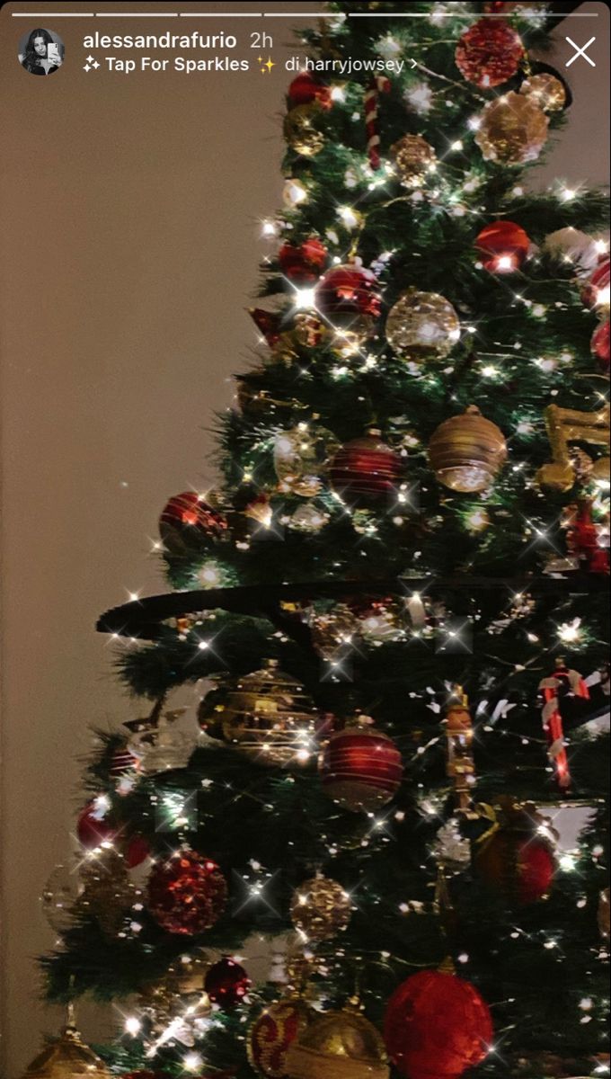 a christmas tree is decorated with red and gold ornaments