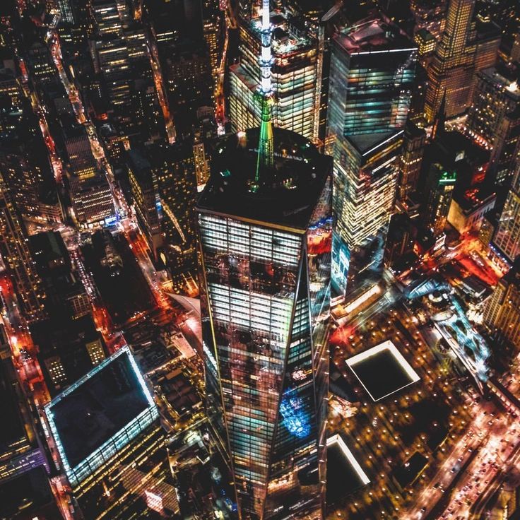 an aerial view of the city at night