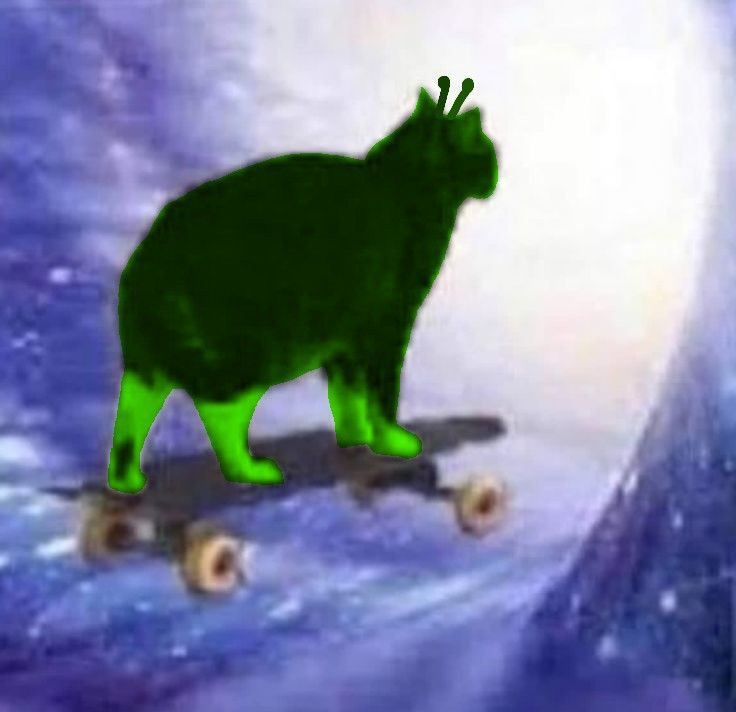 a green cat riding on top of a skateboard in front of a blue background