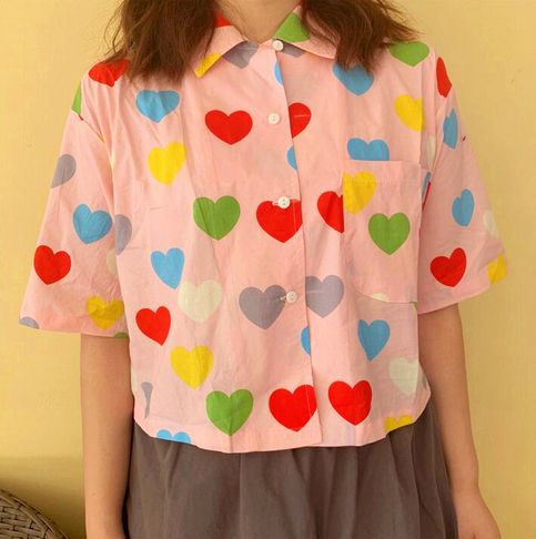 Colorful Heart Shirt Cute Pink Printed Tops, Cute Printed Pink Top, Pink Cartoon Print Shirt For Summer, Cute Collared Top With Graphic Print, Spring Kawaii Tops For School, Kawaii Spring Tops For School, Cute Collared Summer Shirt, Kawaii Tops For School In Spring, Cute Collared Shirt For Summer