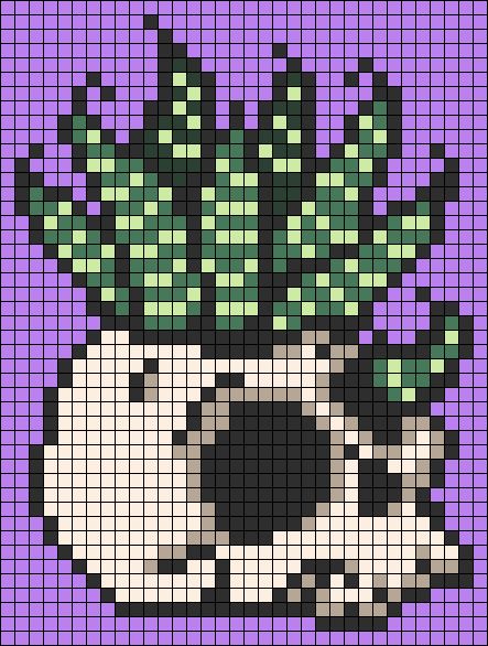 a cross - stitch pattern with a potted plant on it's side in purple and black