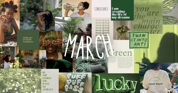 the collage is made up of many different images and words, including green leaves