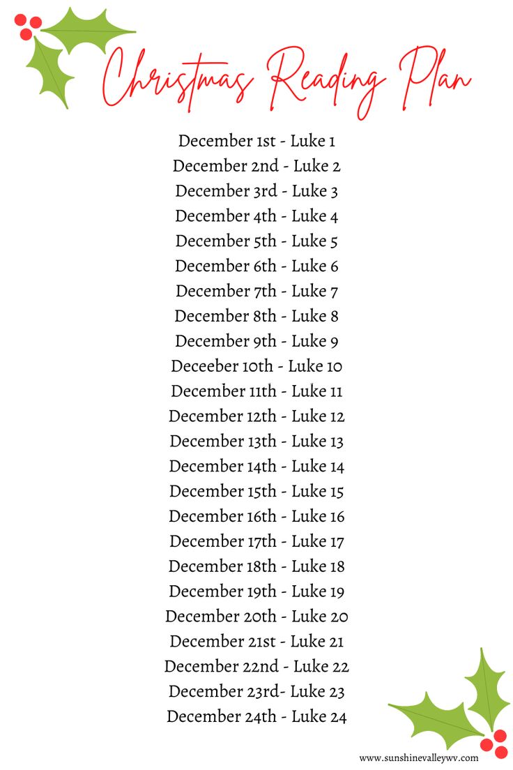 a christmas reading plan with holly wreaths and red berries on the bottom, in white background