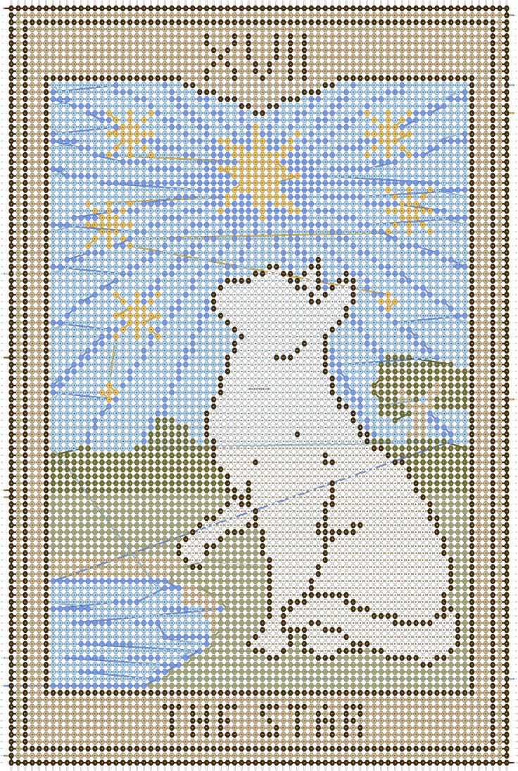 a cross stitch pattern with a dog sitting in front of the water and stars above it