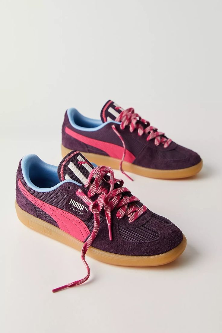 Puma Palermo Sneakers | Free People Retro Mid-top Skate Shoes With Gum Sole, Athleisure Lace-up Skate Shoes With Gum Sole, Sporty Suede Skate Shoes With Gum Sole, Suede Skate Shoes With Gum Sole For Sports, Sporty Purple Sneakers With Gum Sole, Purple Leather Sneakers With Gum Sole, Casual Purple Suede Sneakers, Puma Palermo, Puma Shoes Women