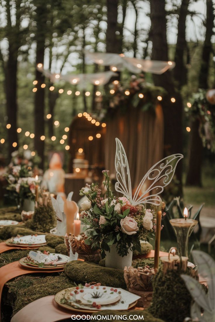 Elegant outdoor dining setup with fairy lights, floral centerpieces, and butterfly decorations in a forest setting, perfect for a whimsical event or celebration. Fairytale Themed Dinner Party, Enchanted Forest Ball Theme, Woodland Forest Wedding Theme, Dark Enchanted Forest Theme Party, Enchanted Fairy Centerpieces, Fairy Garden Wedding Decor, Dark Enchanted Forest Party, Woodland Forest Baby Shower Theme, Enchanted Garden Birthday Party Forest Themes