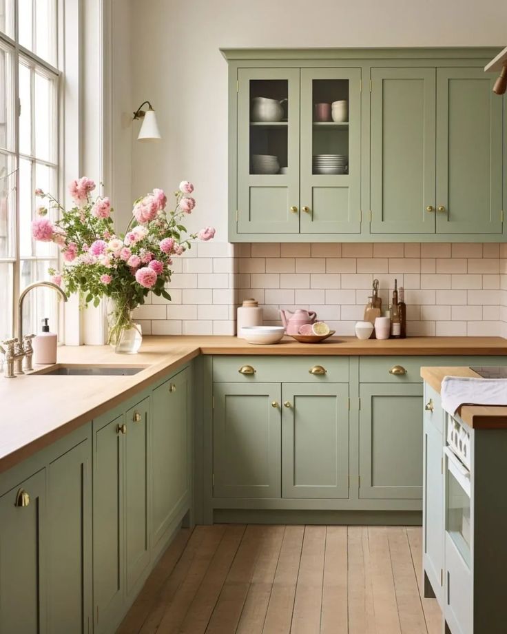 a kitchen filled with lots of green cupboards and counter top next to a window