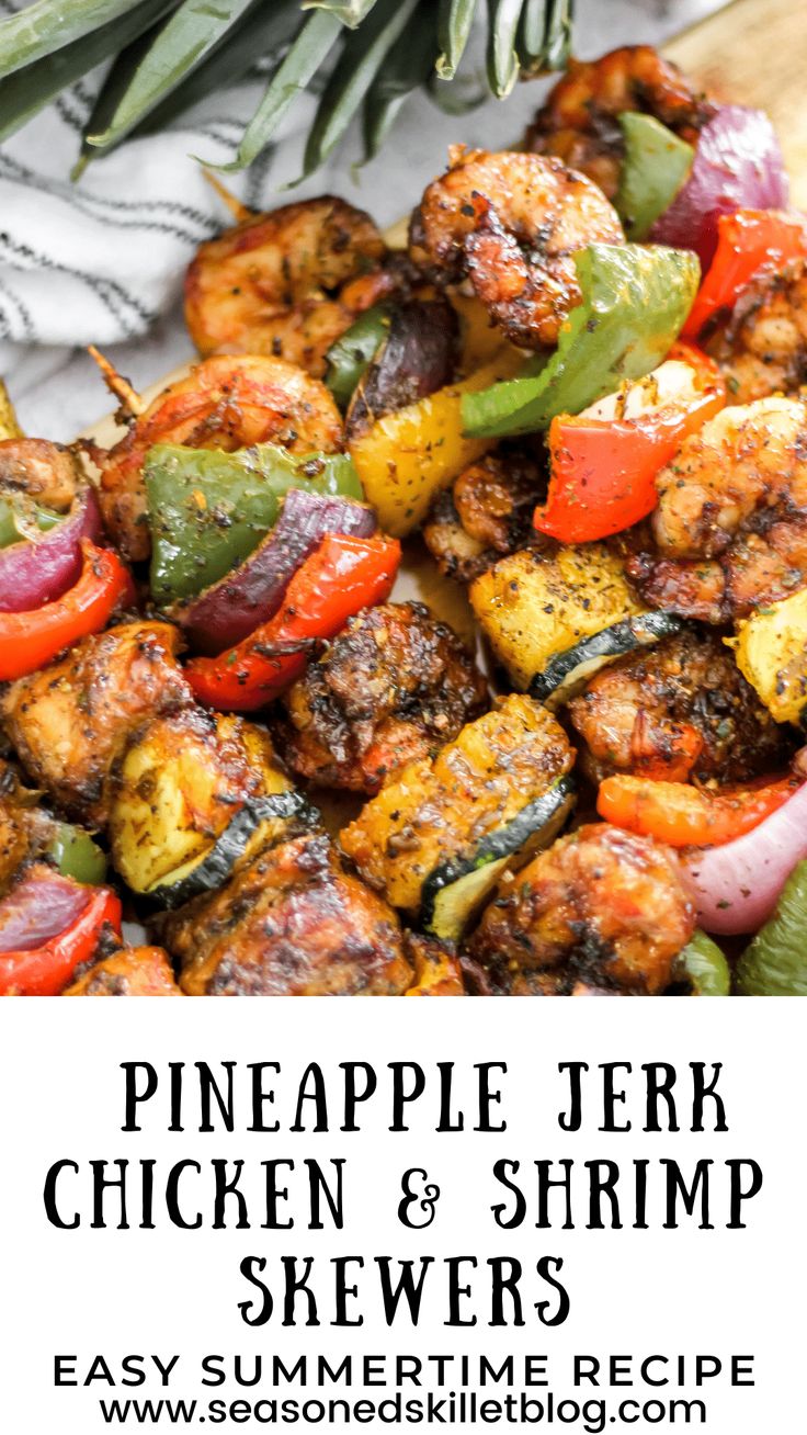 pineapple terk chicken and shrimp skewer with text overlay