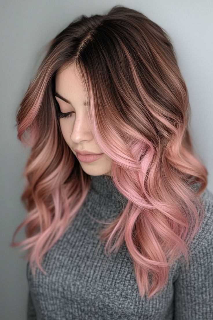 Hair Color Designs Short Hair, Dark Blonde Pink Balayage, Subtle Pink Balayage, Hair Dye Ideas For Brunettes Highlights, Cute Hair Dye Ideas For Brunettes, Hair Color Winter 2024, Hair Dye Ideas For Dirty Blonde, Baby Pink Highlights In Brown Hair, Brunette Pink Hair