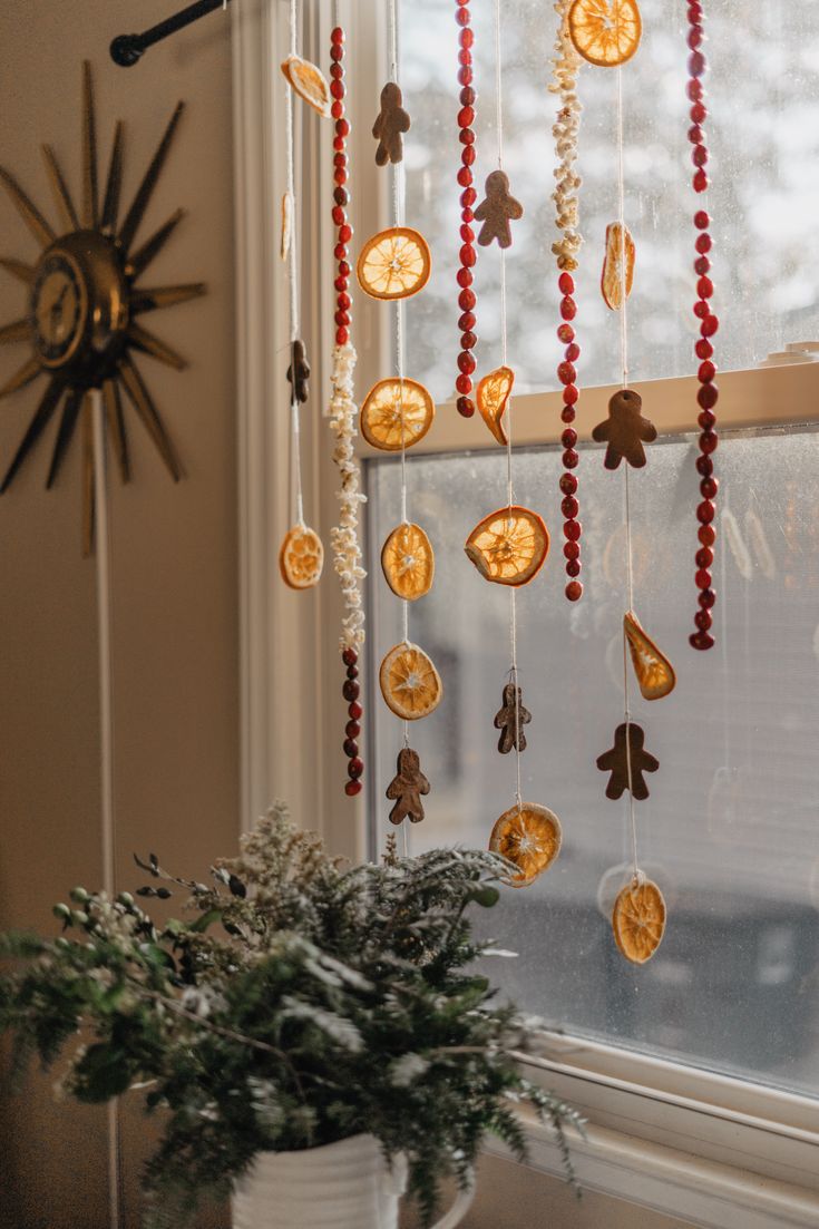 the sun is shining through the window with oranges hanging from it