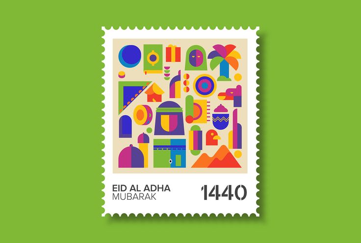 a postage stamp with colorful images on it