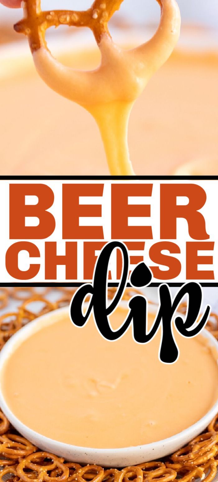 beer cheese dip with pretzels in the background and text overlay that reads beer cheese dip