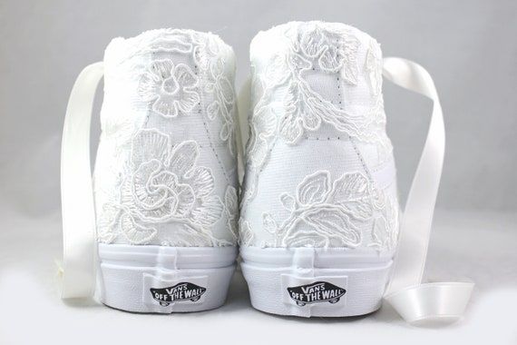 Ivory Lace Bridal Vans Sk8-hi Floral Lace lace Vans - Etsy Bridal Vans, Lace Vans, Wedding Tennis Shoes, Ribbon Shoe Laces, Wedding Vans, Bridal Converse, White High Top Converse, Ribbon Shoes, Wedding Converse