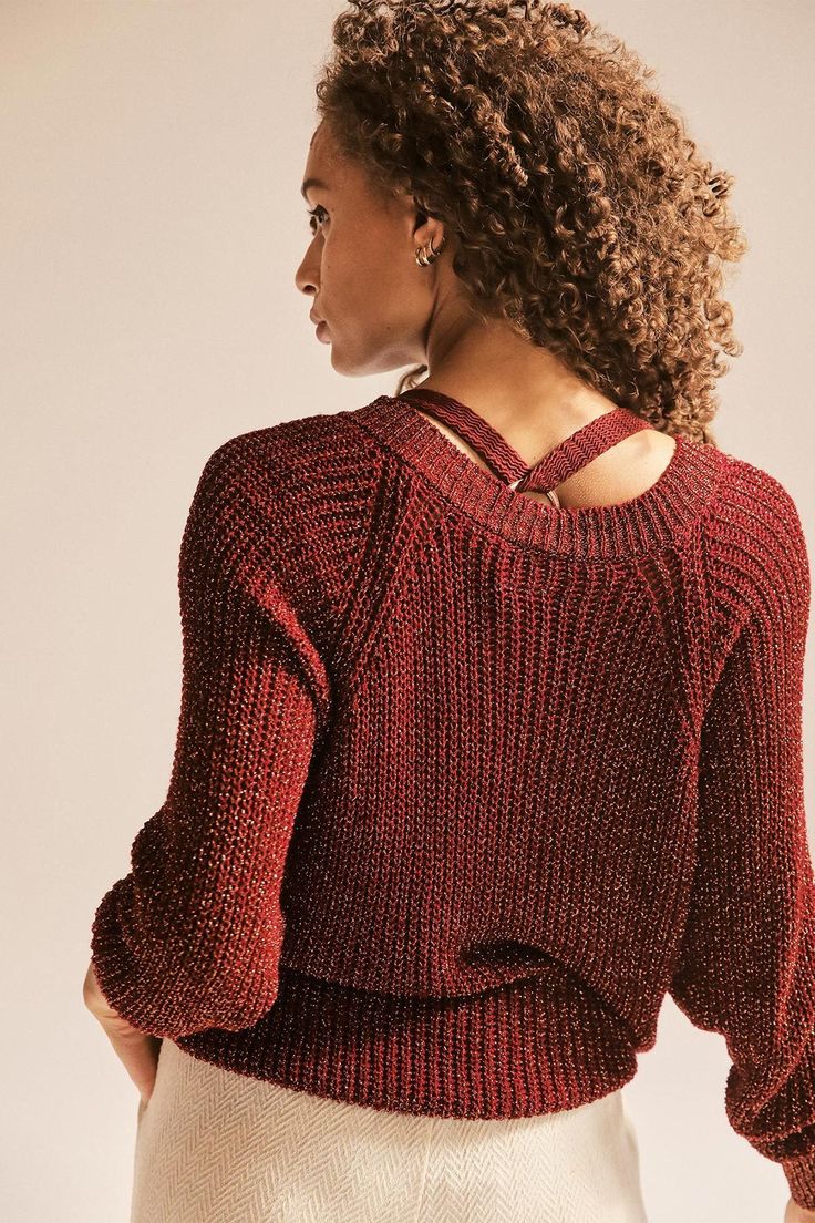 Lurex yarn sweater knitted in Italy. The relaxed silhouette features a v-neckline with bold collar. Pair it with one of our pants or skirts. 80% Viscose 20% Polyester Machine wash Crafted in Italy Fall Party Sweater With Textured Knit, V-neck Knit Top For Party, Fall Party Textured Knit Sweater, Textured Knit Sweater For Party, Casual Textured Knit Party Sweater, Casual Textured Knit Sweater For Party, Chic Cropped Sweater For Fall Party, Chic Textured Knit Sweater For Party, Stretch Knit Sweater For Parties