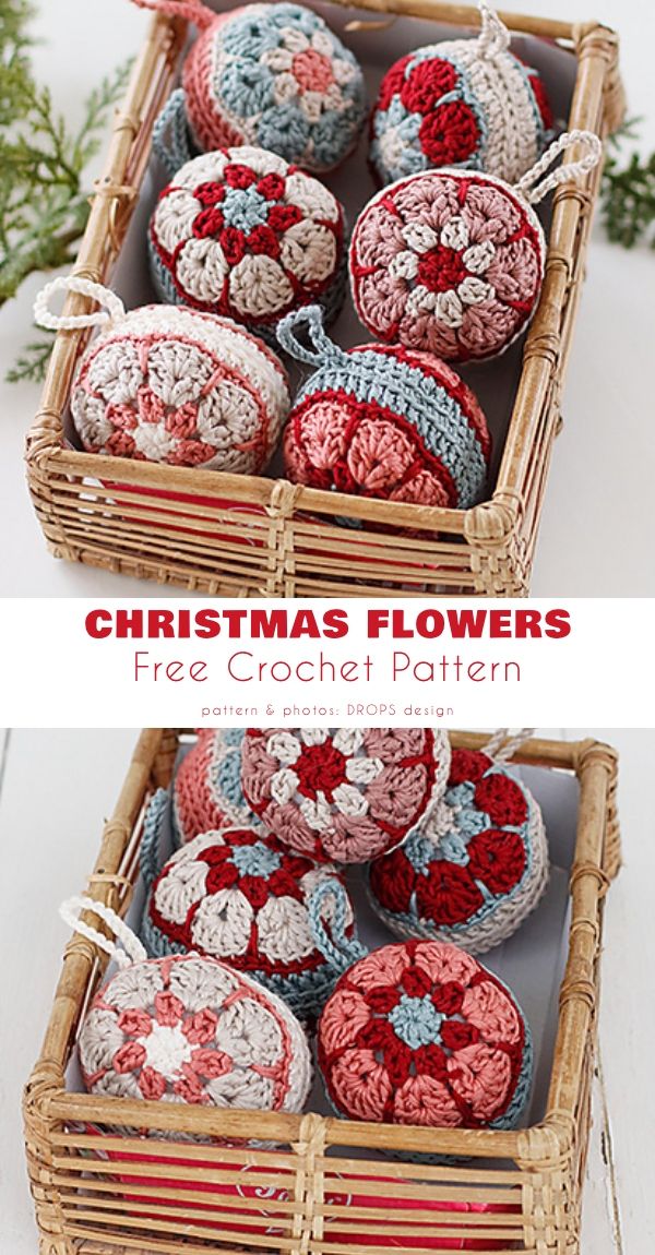 crocheted ornaments are in a basket on the table