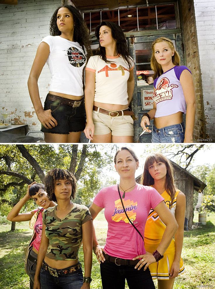 four different pictures of women in short shorts and t - shirts, one with her hands on her hips