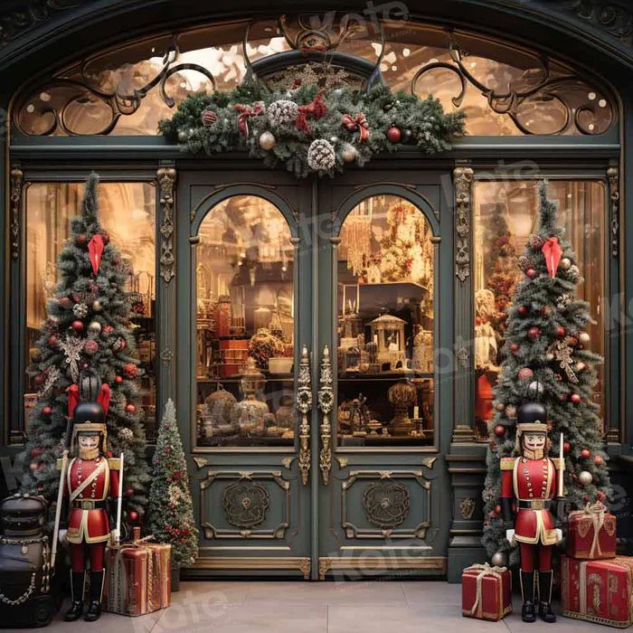 christmas decorations are on display in front of a storefront with holiday trees and presents