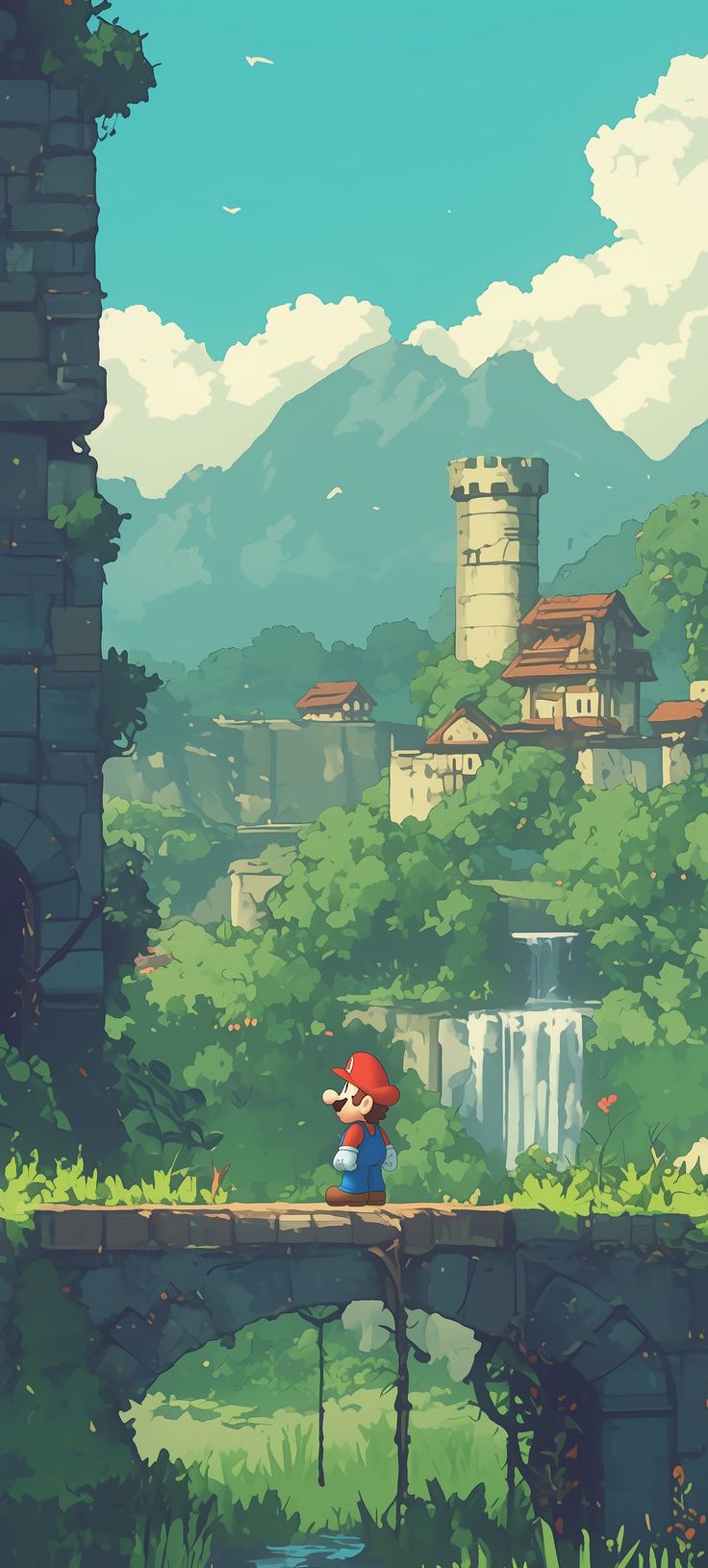 a person sitting on top of a bridge in front of a castle with a red hat