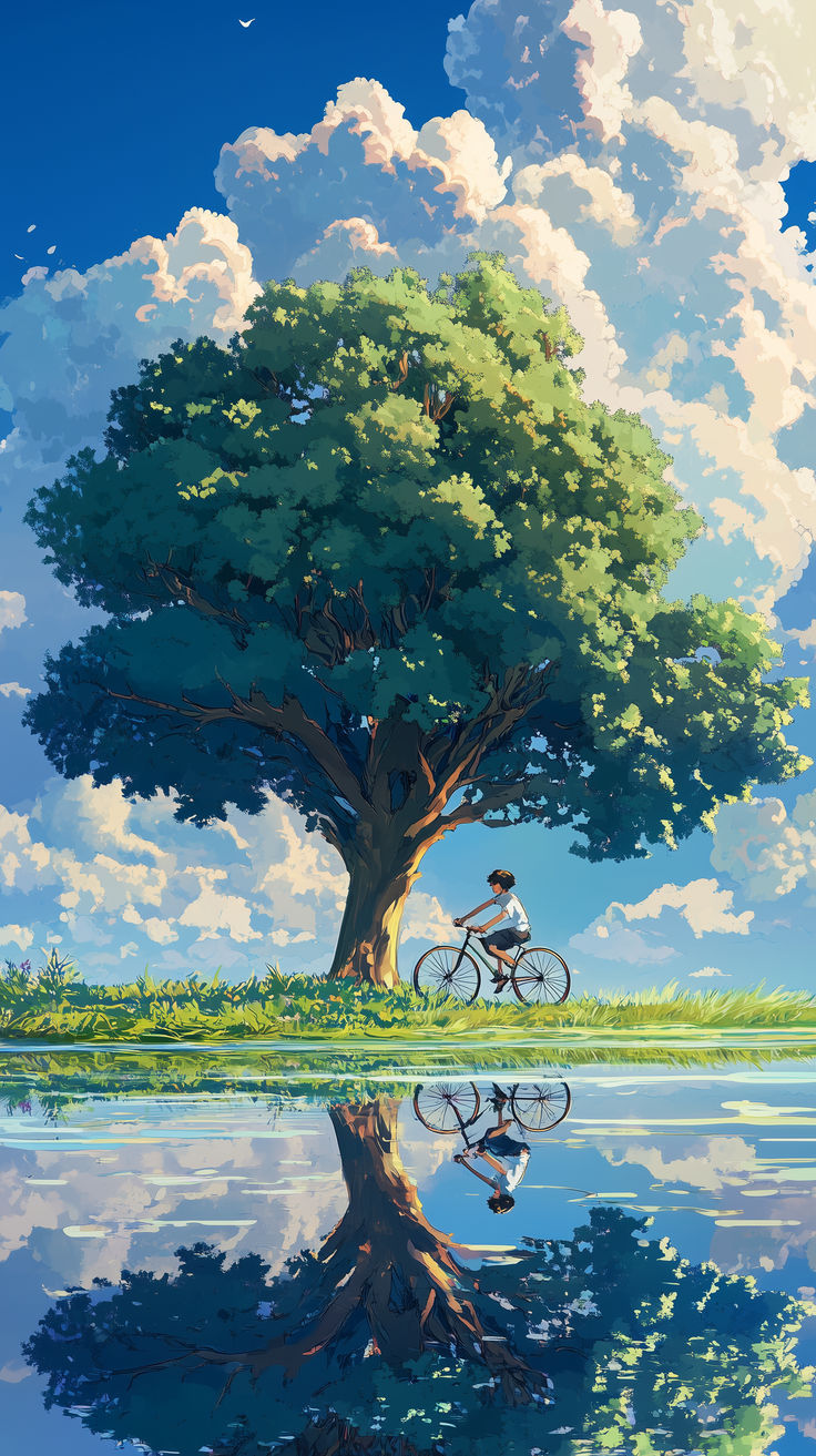 a painting of a man riding a bike next to a large tree with its reflection in the water