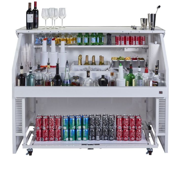 a white bar cart filled with bottles and glasses