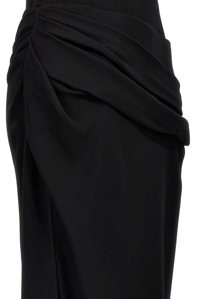 Stretch viscose dress, draped at the waist, graphic V-neck, side zip closure, bare back, wide side split. Composition: 97% viscose, 3% elastane Draped Skirt With Ruched Sides For Evening, Chic Knee-length Draped Skirt For Work, Elegant Draped Skirt With Ruched Sides For Evening, Elegant Evening Draped Skirt With Ruched Sides, Chic Evening Draped Skirt With Folds, Black Formal Draped Skirt, Chic Asymmetrical Ruched Draped Skirt, Evening Draped Skirt With Ruched Sides And Asymmetrical Shape, Knee-length Formal Midi Dress With Ruched Sides