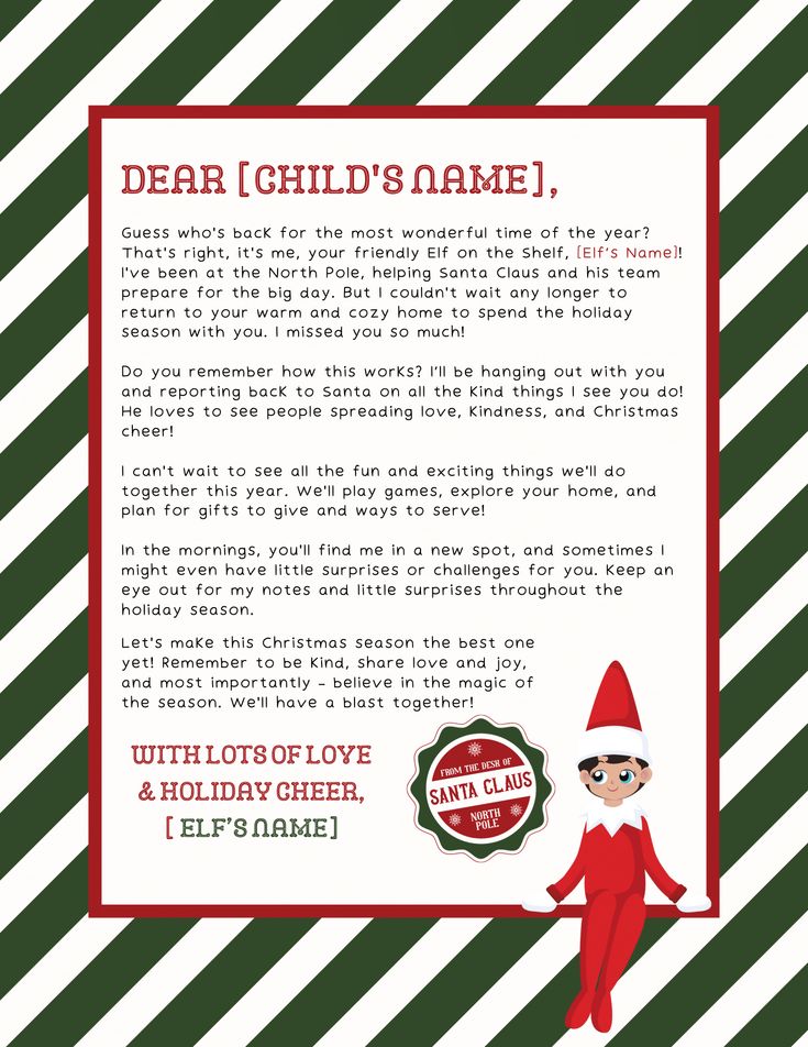 an elf's letter to santa is shown in red and green striped paper with the words dear child's name