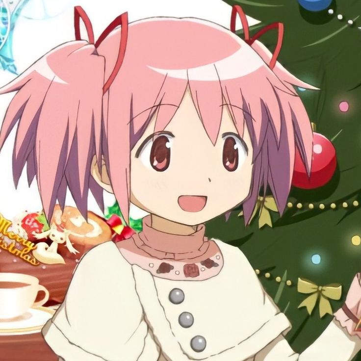 a girl with pink hair standing in front of a christmas tree