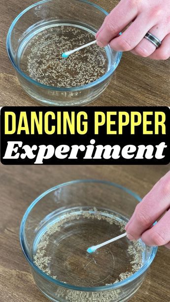 someone is mixing something in a bowl with a spoon and the words, dancing pepper experiment