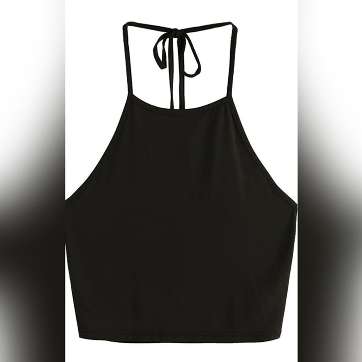 Fabric: Light Weight, Very Stretchy, Soft Halter Neck, Sleeveless, Backless, Spaghetti Strap, Strappy, Cami Top, Crop Top, Crop Blouse, Crop Tee Solid Color Cami Halter Top For Party, Solid Color Crop Top Halter For Night Out, Black Stretch Halter Top, Black Stretch Halter Top Vest, Backless Strappy Top For Night Out, Black Halter Top With Built-in Bra For Spring, Black Summer Tops With Built-in Bra, Halter Neck Tank Top For Night Out, Backless Vest Top For Night Out