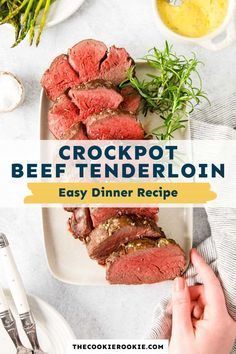 the crockpot beef tenderloin recipe is shown on a white platter