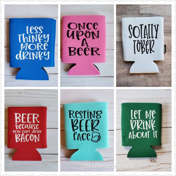 six different types of beer can koozies with the words less than more drink