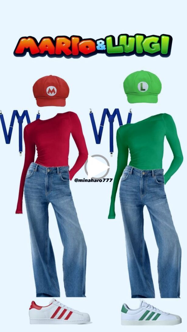 an image of a woman wearing jeans and a baseball cap with the word mario & luigi on it