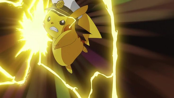 the pikachu is wearing a hat and standing in front of a yellow light