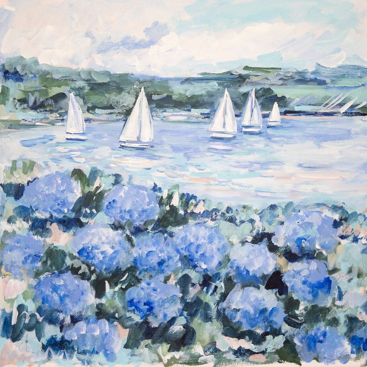 a painting of sailboats on the water with blue hydrangeas in foreground