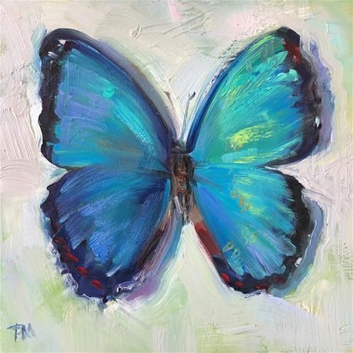 a painting of a blue butterfly on a white background