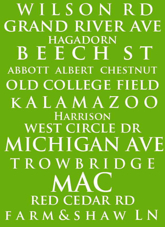 a green poster with the names of different cities in white letters on a green background