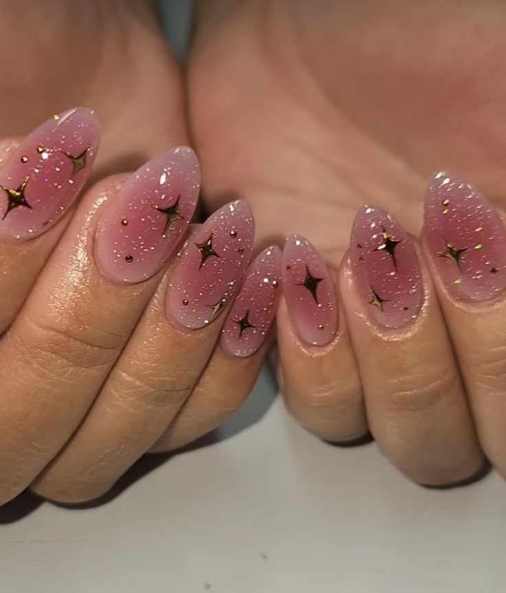 pink sparkle star nails Builder Gel Nails Design Pink, Love Witch Nails, Jelly Pink Nails Design, Blush Nails With Stars, Gel Manicure Inspo Short, Pink Nails Unique, Era Tour Nail Ideas, Witchy Vibes Nails, Short Decorated Nails