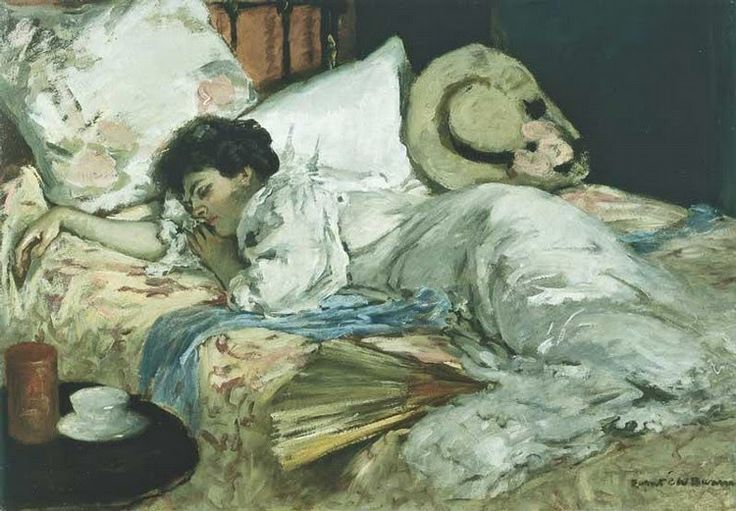 a painting of a woman laying in bed next to a teddy bear