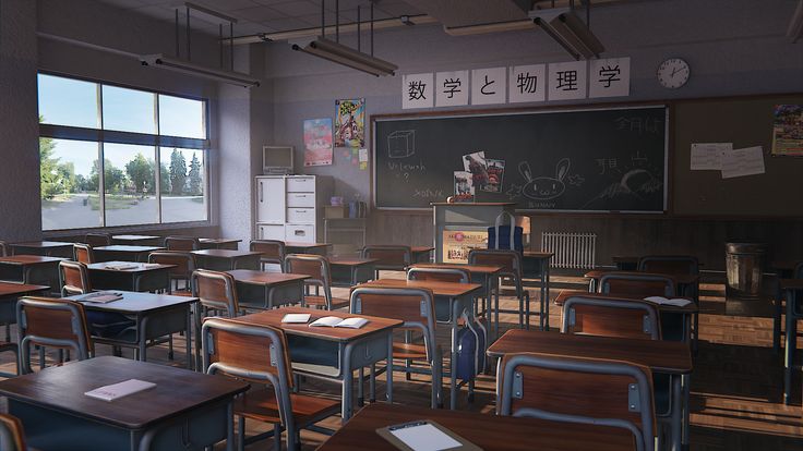 an empty classroom with wooden desks and chalkboards on the wall, in front of large windows